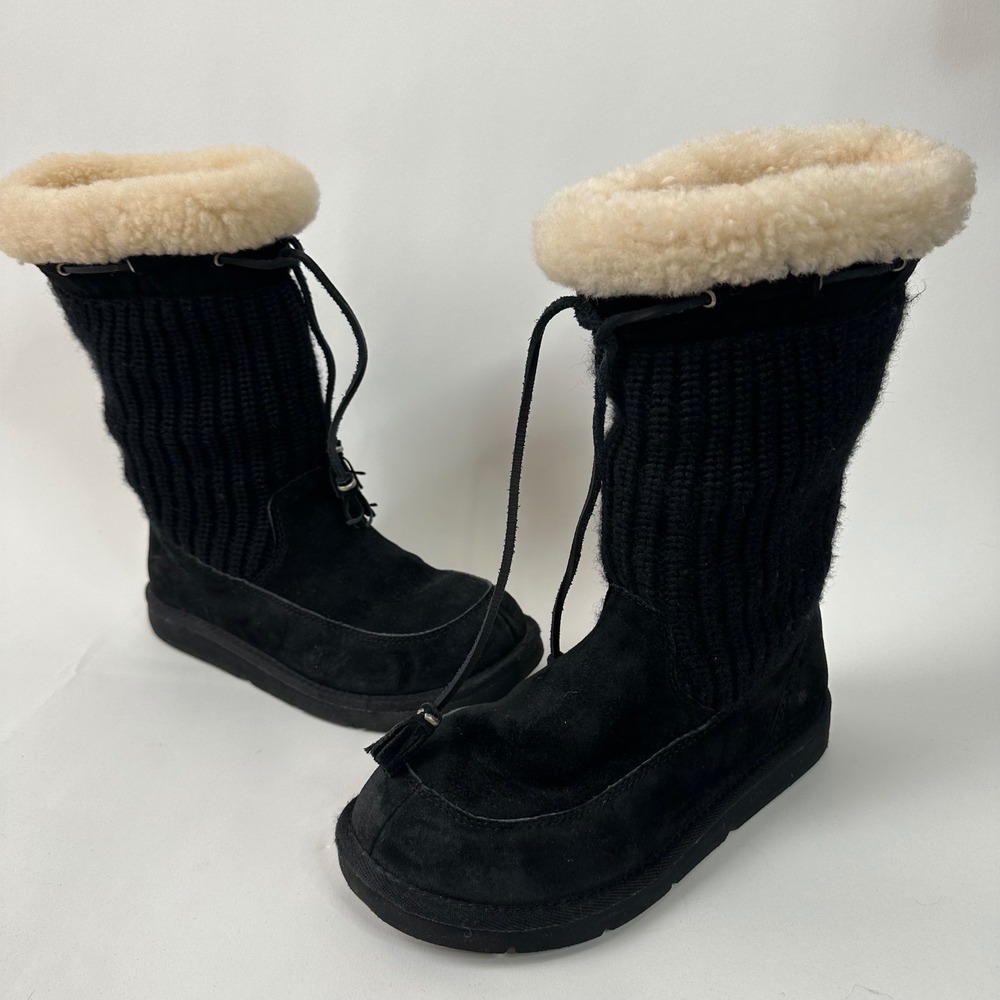UGG Australia Black Suede Knit Sheepskin Cuff Boots Women's Size 7
